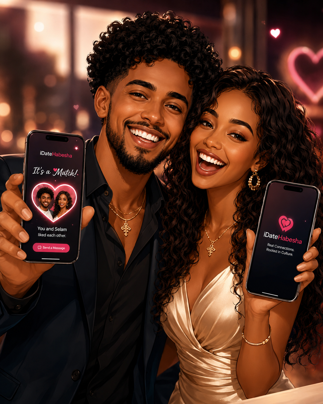 Habesha couple smiling together while looking at a phone